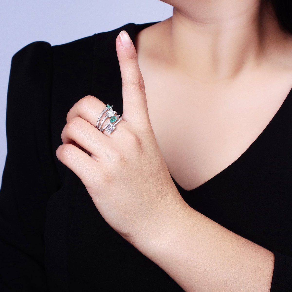 Aqua Tear Drop CZ Micro Paved Gold Wrap Baguette Stacking Ring O-1513 O-1514 - DLUXCA