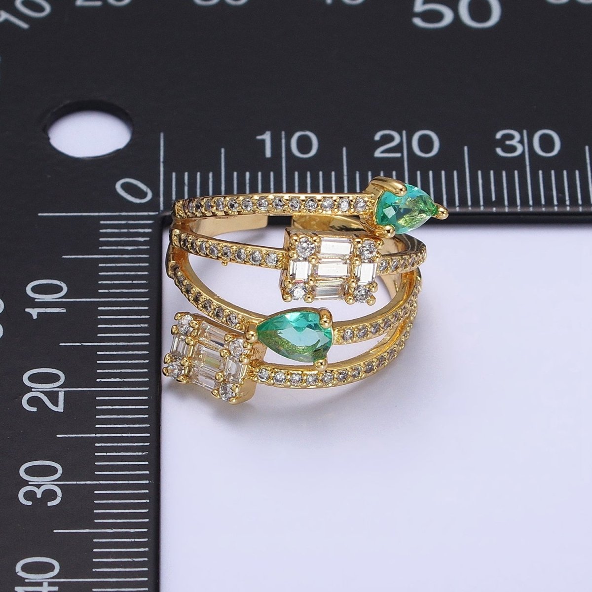 Aqua Tear Drop CZ Micro Paved Gold Wrap Baguette Stacking Ring O-1513 O-1514 - DLUXCA