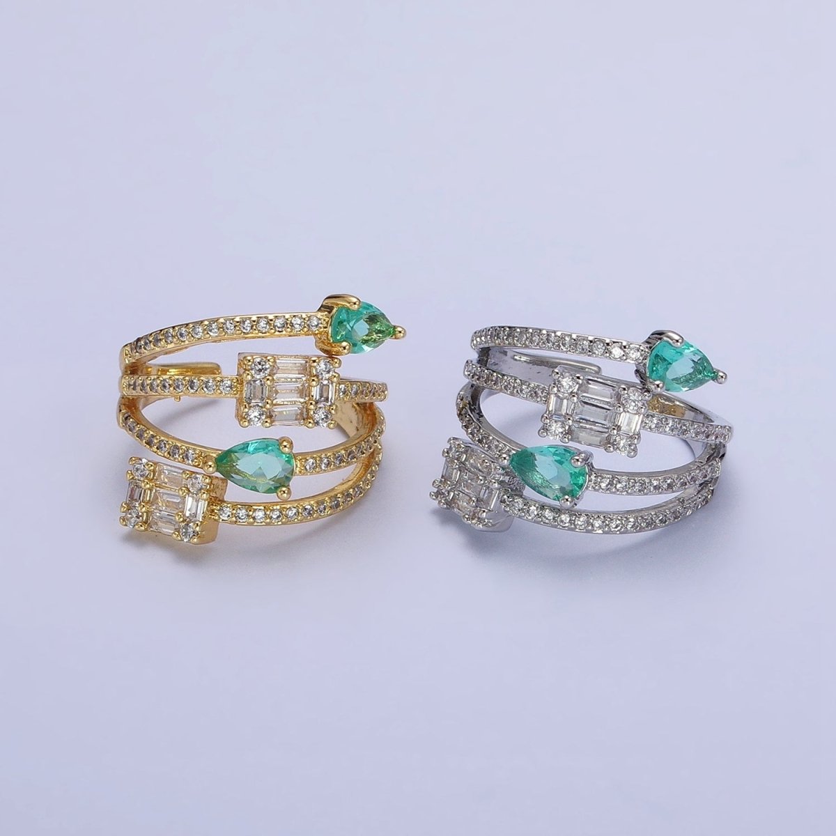 Aqua Tear Drop CZ Micro Paved Gold Wrap Baguette Stacking Ring O-1513 O-1514 - DLUXCA