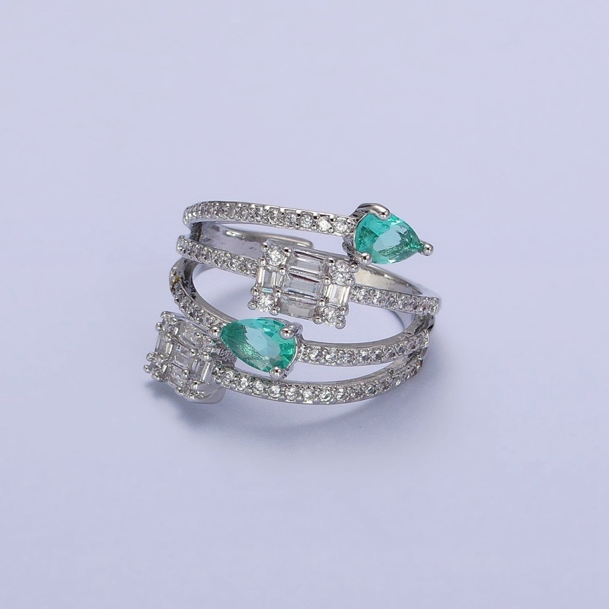 Aqua Tear Drop CZ Micro Paved Gold Wrap Baguette Stacking Ring O-1513 O-1514 - DLUXCA