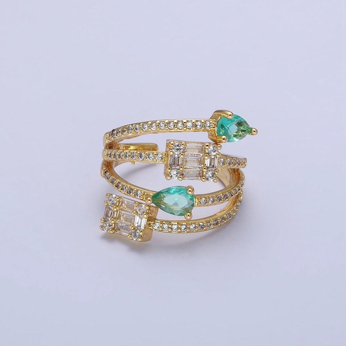 Aqua Tear Drop CZ Micro Paved Gold Wrap Baguette Stacking Ring O-1513 O-1514 - DLUXCA