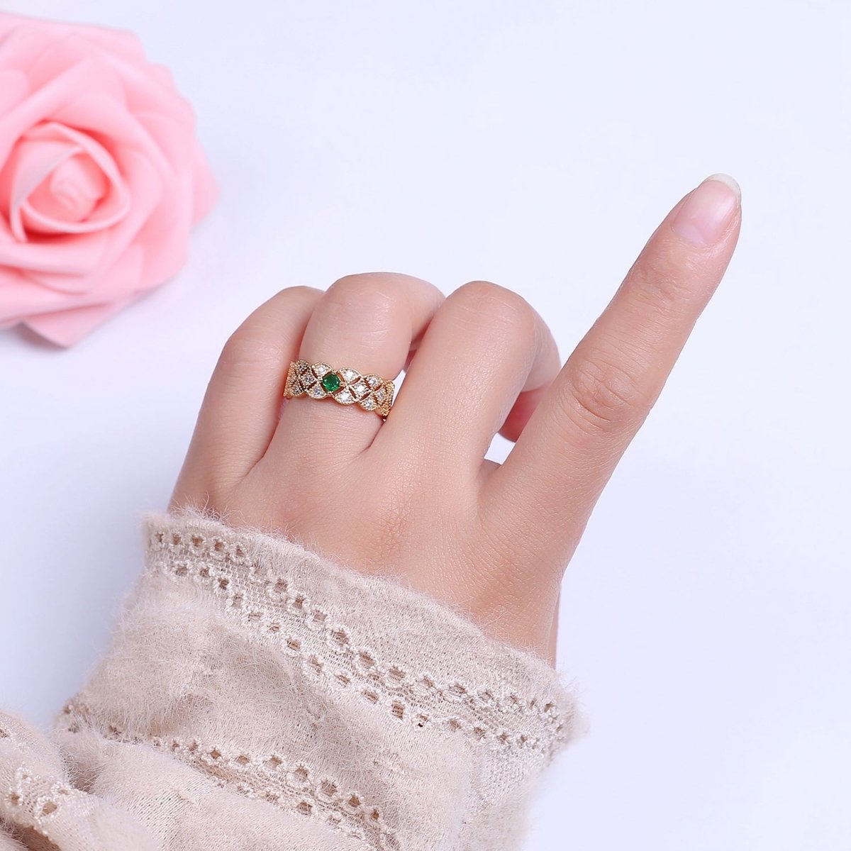 Art Deco Green Emerald Cz Stone Midi Gold Ring Band Gold Filled Round Open Adjustable Ring S-516 - DLUXCA