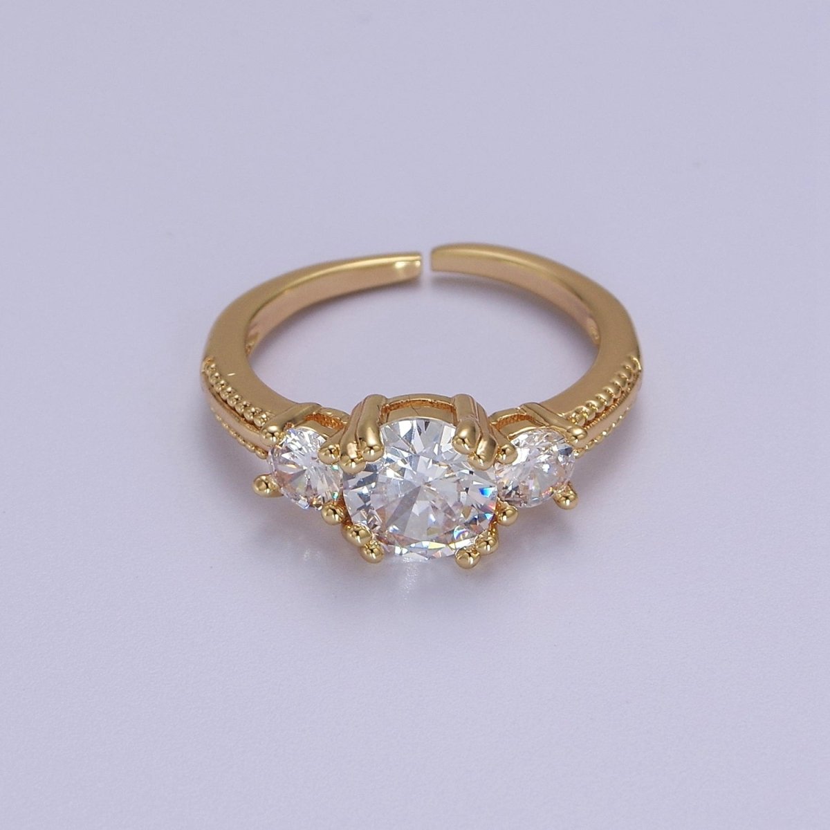 Art Deco Vintage 3-Stone Three Stone Round CZ Halo Wedding Engagement Ring Band Gold Filled Round Open Adjustable Ring S-515 - DLUXCA