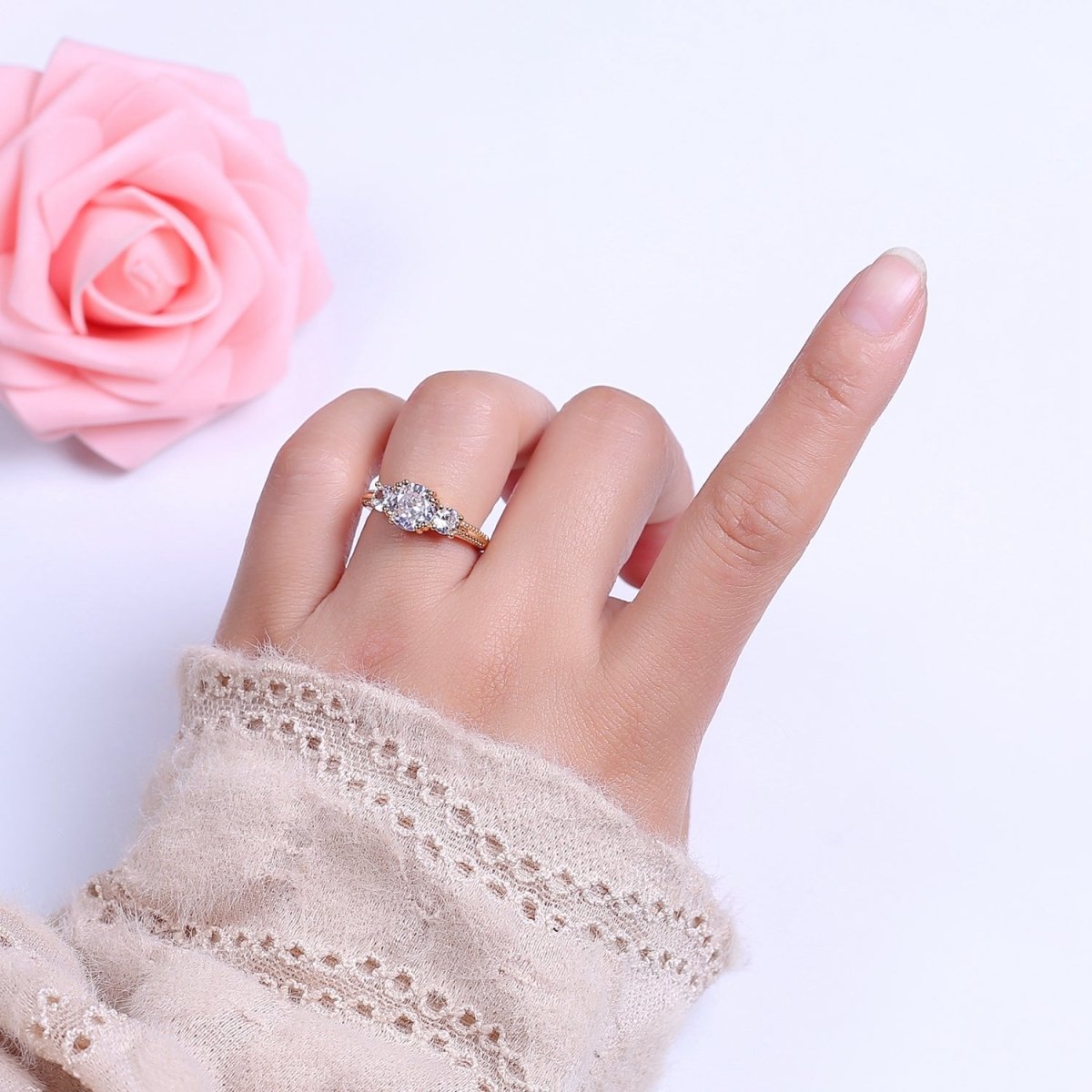 Art Deco Vintage 3-Stone Three Stone Round CZ Halo Wedding Engagement Ring Band Gold Filled Round Open Adjustable Ring S-515 - DLUXCA