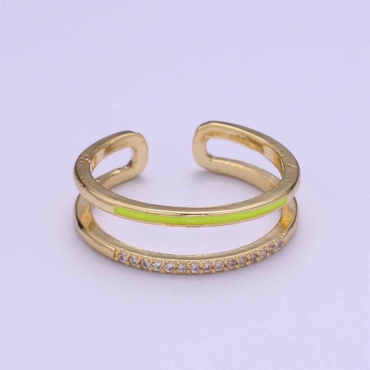 Assorted Color Golden Ring CZ Crystal on Double Layers Plain Gold Filled Micro Pave Ring Jewelry O-962 to O-971 - DLUXCA