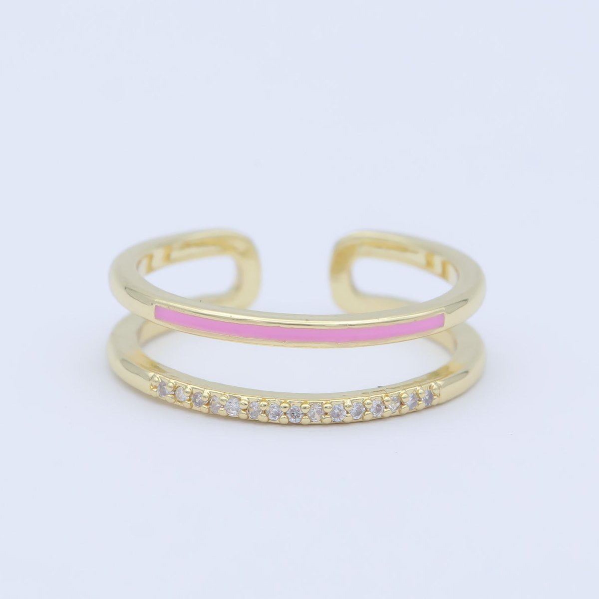 Assorted Color Golden Ring CZ Crystal on Double Layers Plain Gold Filled Micro Pave Ring Jewelry O-962 to O-971 - DLUXCA