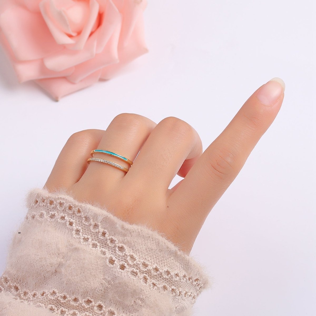 Assorted Color Golden Ring CZ Crystal on Double Layers Plain Gold Filled Micro Pave Ring Jewelry O-962 to O-971 - DLUXCA