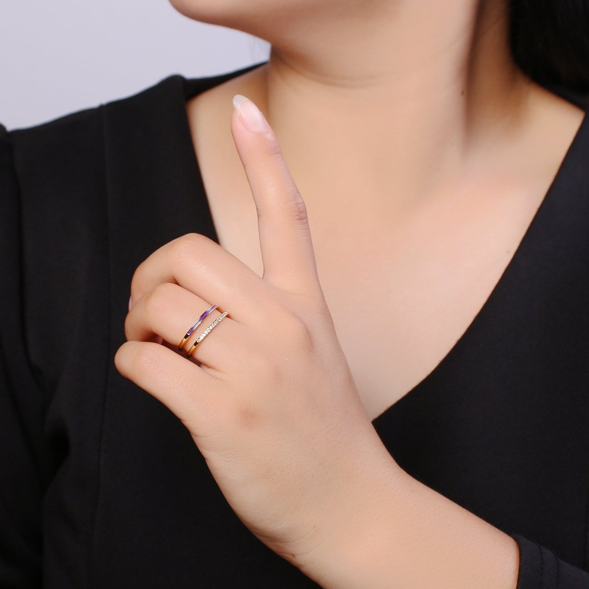 Assorted Color Golden Ring CZ Crystal on Double Layers Plain Gold Filled Micro Pave Ring Jewelry O-962 to O-971 - DLUXCA