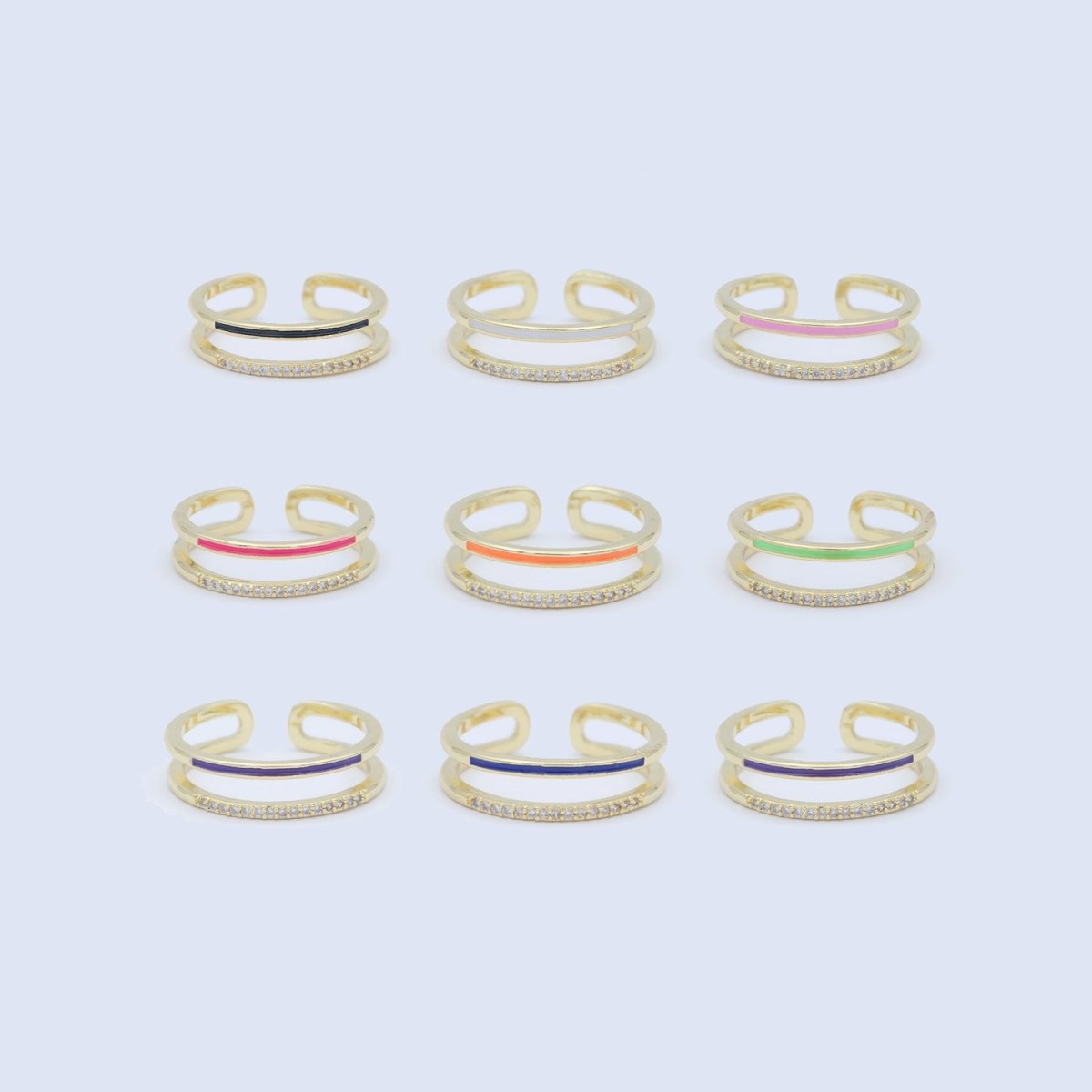 Assorted Color Golden Ring CZ Crystal on Double Layers Plain Gold Filled Micro Pave Ring Jewelry O-962 to O-971 - DLUXCA