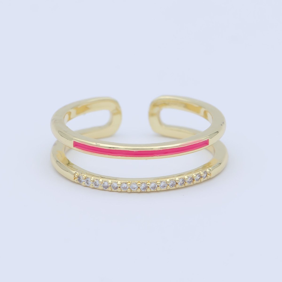 Assorted Color Golden Ring CZ Crystal on Double Layers Plain Gold Filled Micro Pave Ring Jewelry O-962 to O-971 - DLUXCA