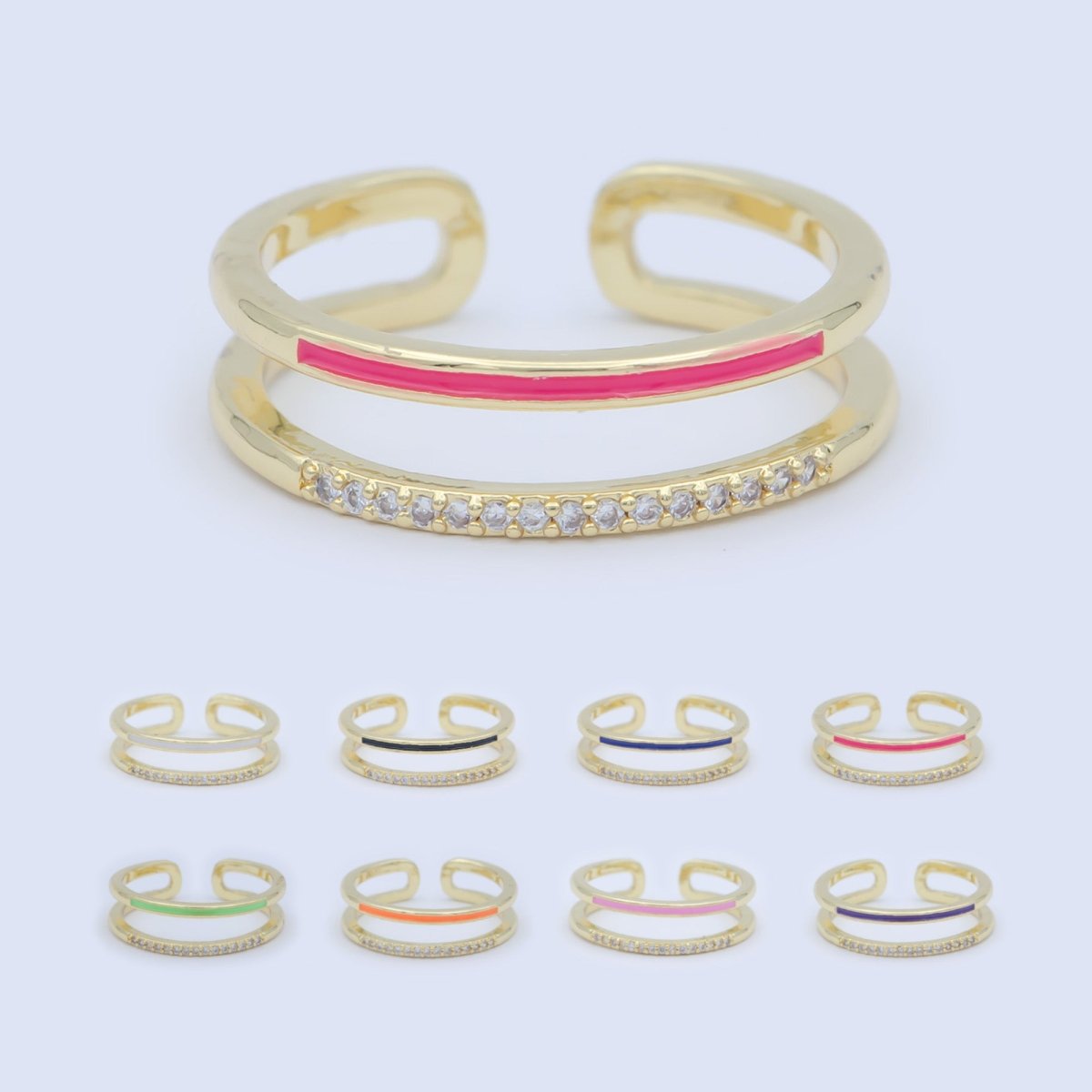 Assorted Color Golden Ring CZ Crystal on Double Layers Plain Gold Filled Micro Pave Ring Jewelry O-962 to O-971 - DLUXCA