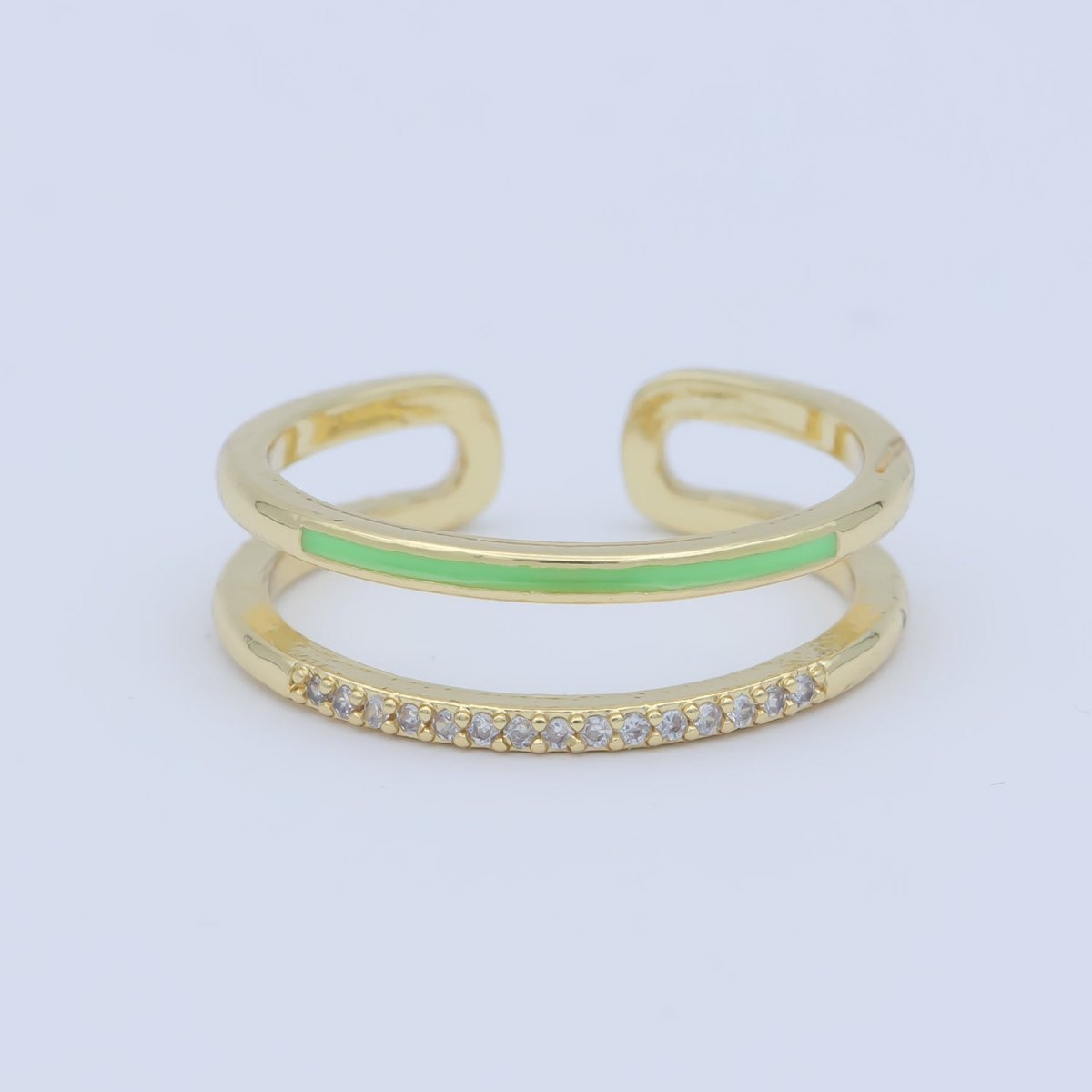 Assorted Color Golden Ring CZ Crystal on Double Layers Plain Gold Filled Micro Pave Ring Jewelry O-962 to O-971 - DLUXCA