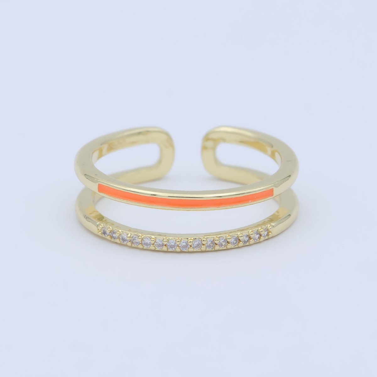 Assorted Color Golden Ring CZ Crystal on Double Layers Plain Gold Filled Micro Pave Ring Jewelry O-962 to O-971 - DLUXCA