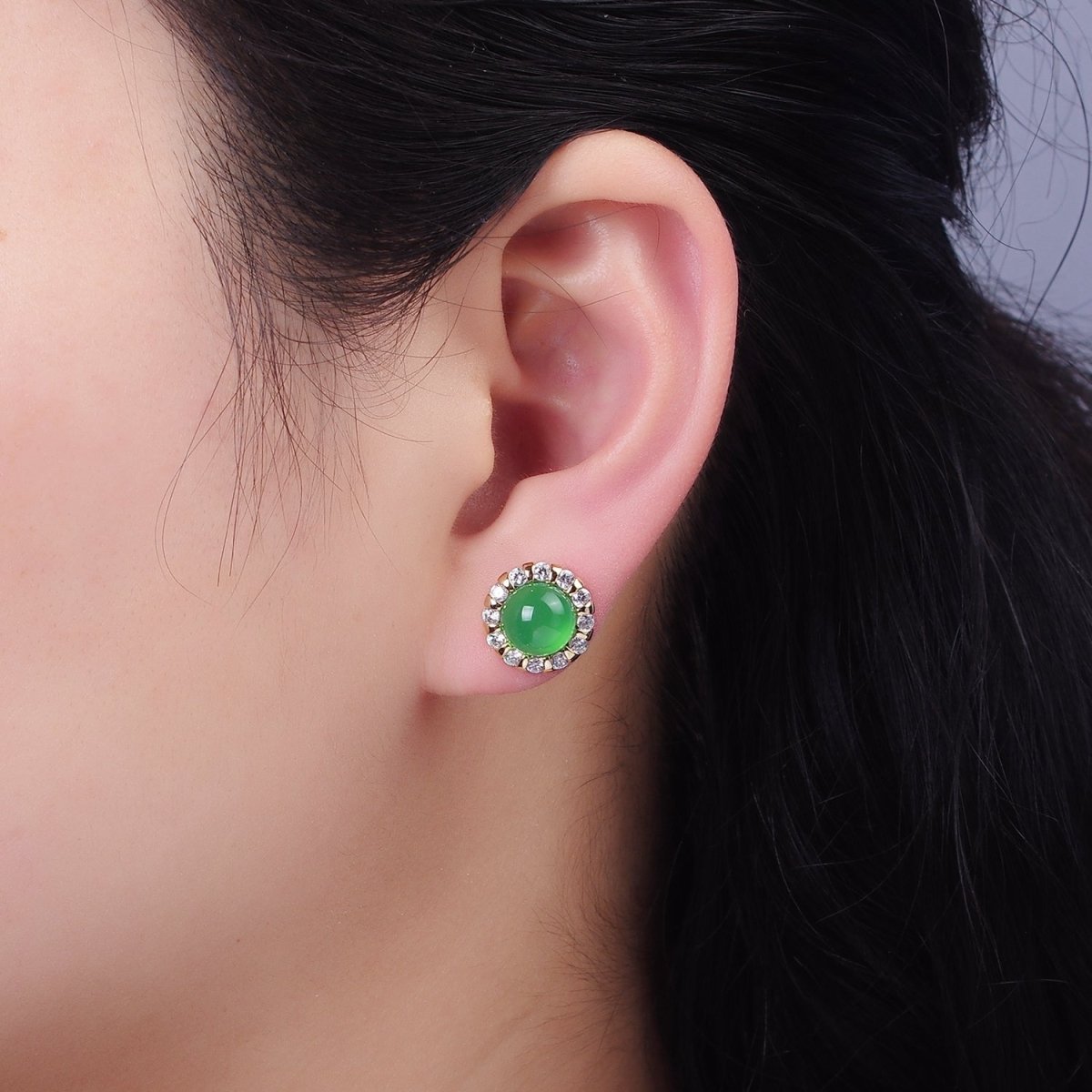 Aventurine, Cats Eye Gemstone CZ Round Stud Earrings in Gold & Silver | V536 - V538 - DLUXCA