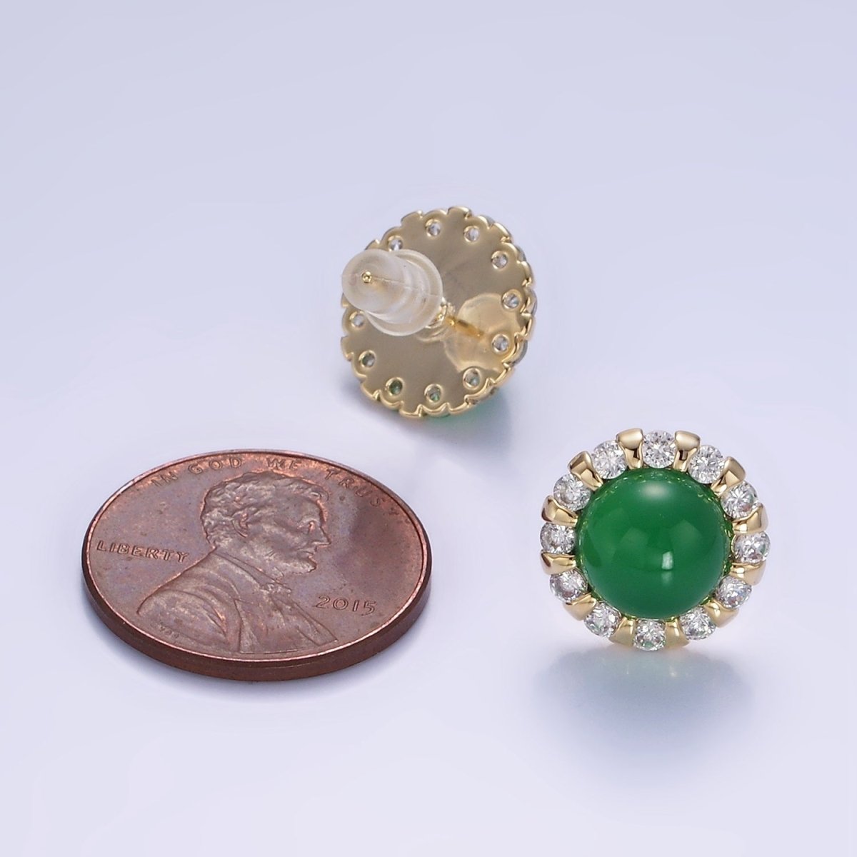 Aventurine, Cats Eye Gemstone CZ Round Stud Earrings in Gold & Silver | V536 - V538 - DLUXCA