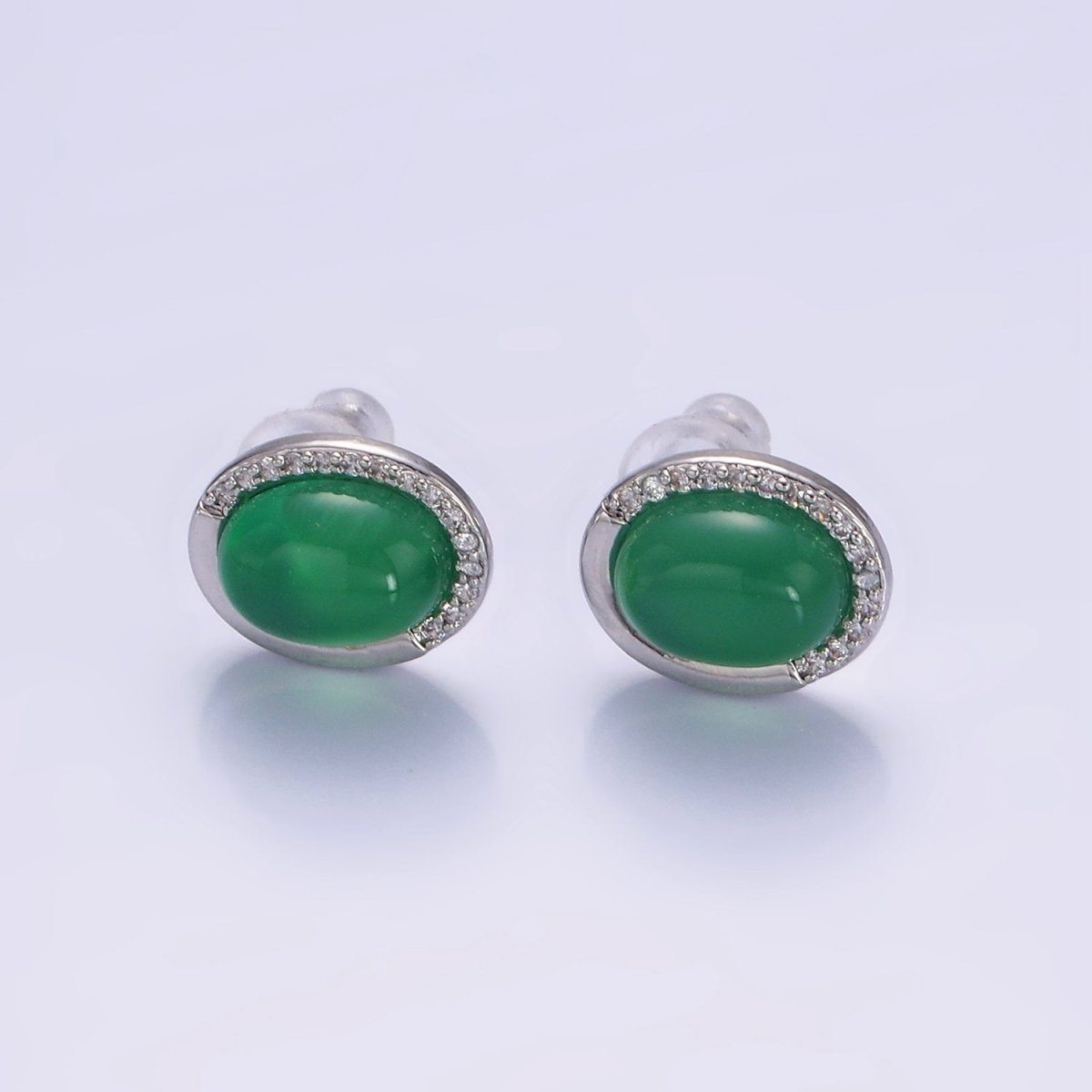 Aventurine Micro Paved CZ Oval Stud Earrings in Gold & Silver | V522 V523 - DLUXCA