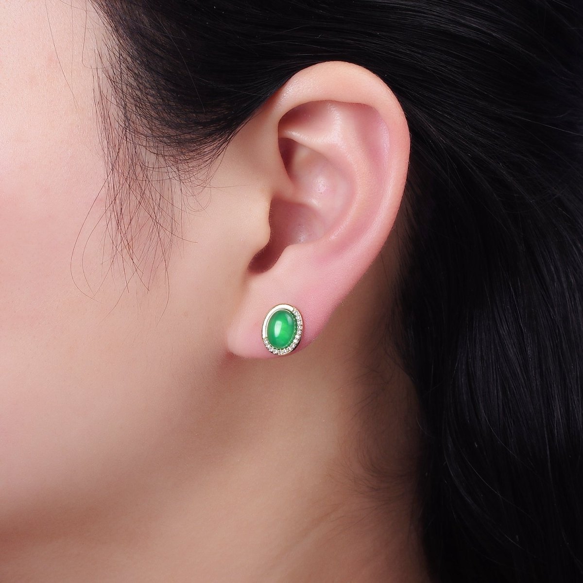 Aventurine Micro Paved CZ Oval Stud Earrings in Gold & Silver | V522 V523 - DLUXCA