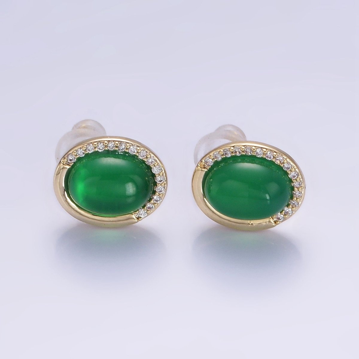 Aventurine Micro Paved CZ Oval Stud Earrings in Gold & Silver | V522 V523 - DLUXCA
