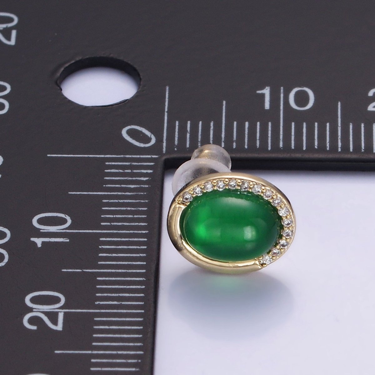 Aventurine Micro Paved CZ Oval Stud Earrings in Gold & Silver | V522 V523 - DLUXCA