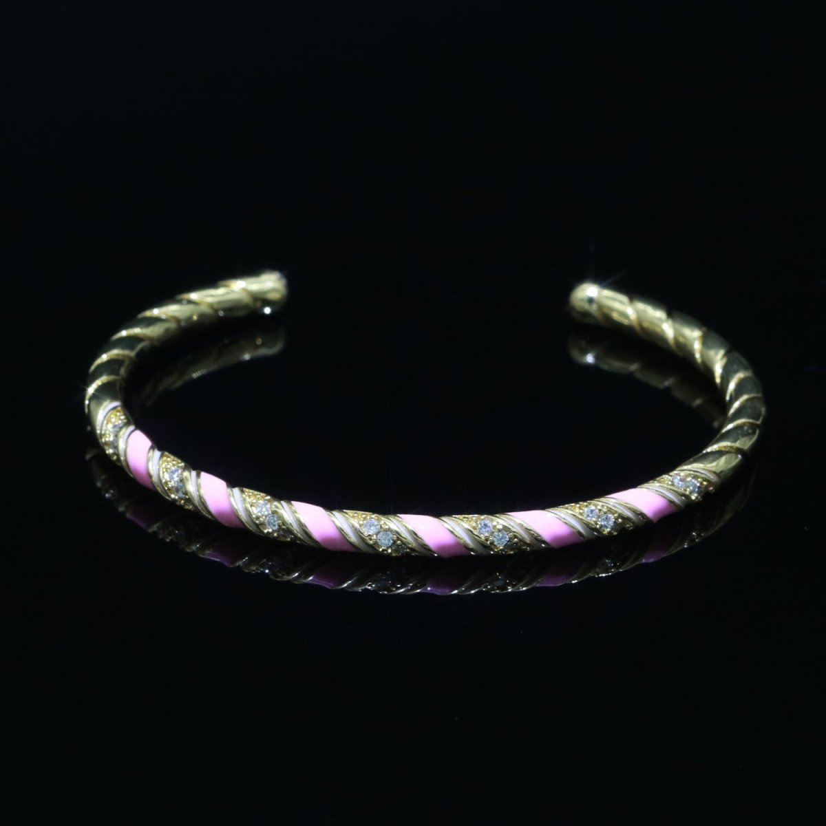 Baby Pink Enamel Geometric Swirl Gold Filled Bangle Open Adjustable Bracelet Vintage Style Inspired | WA-119 Clearance Pricing - DLUXCA