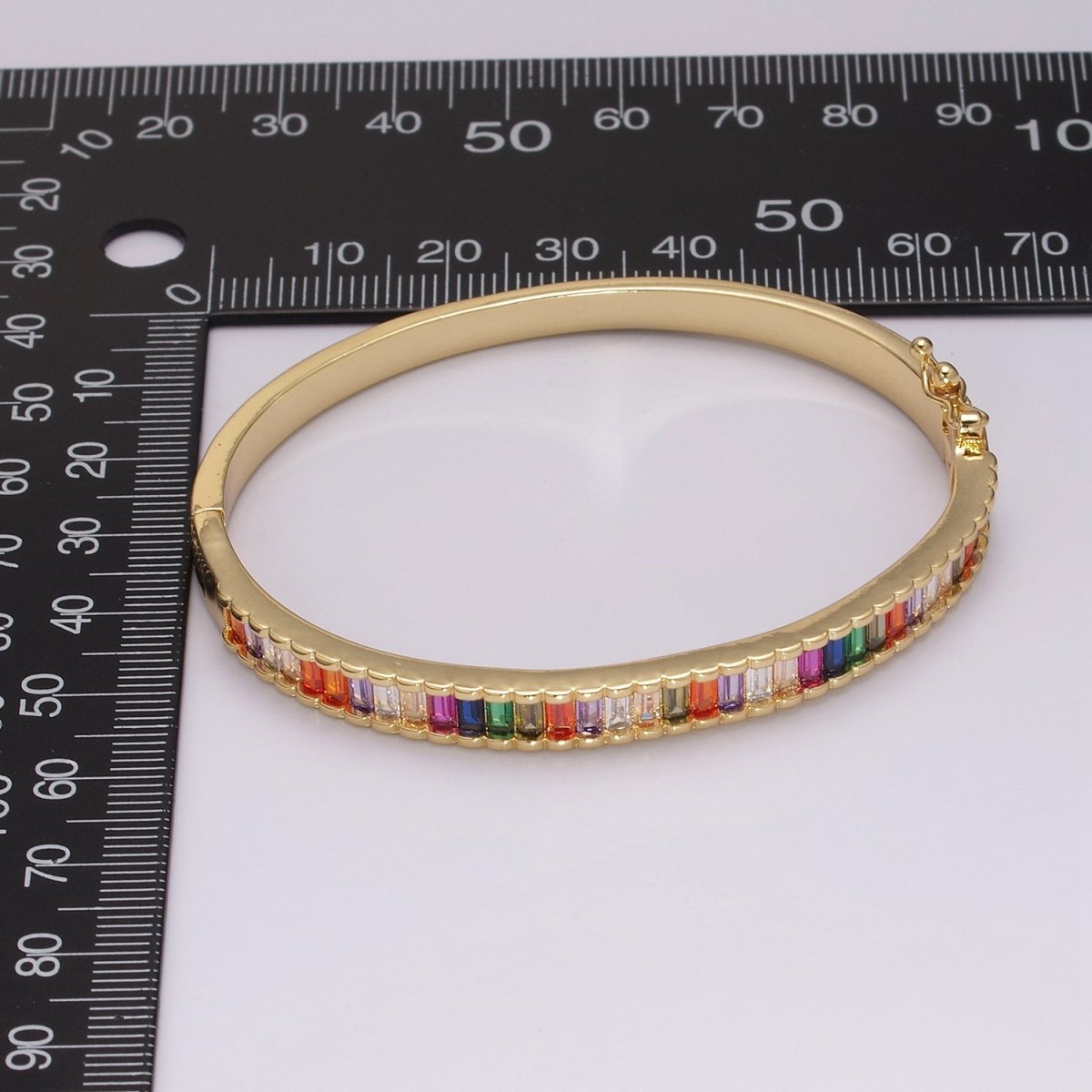 Baguette bracelet Rainbow CZ Gem Stackable Gold Bracelet | Chunky Gold Bracelet | Luxury Crystal Stacking Bangle Bracelet | WA-427 Clearance Pricing - DLUXCA