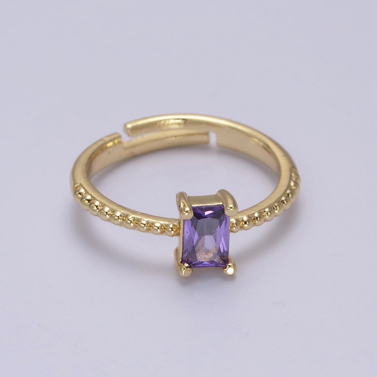 Baguette Crystal Zirconia Dainty 24K Gold Filled Adjustable Solitaire Ring with Beaded Band U-293~U-299 - DLUXCA