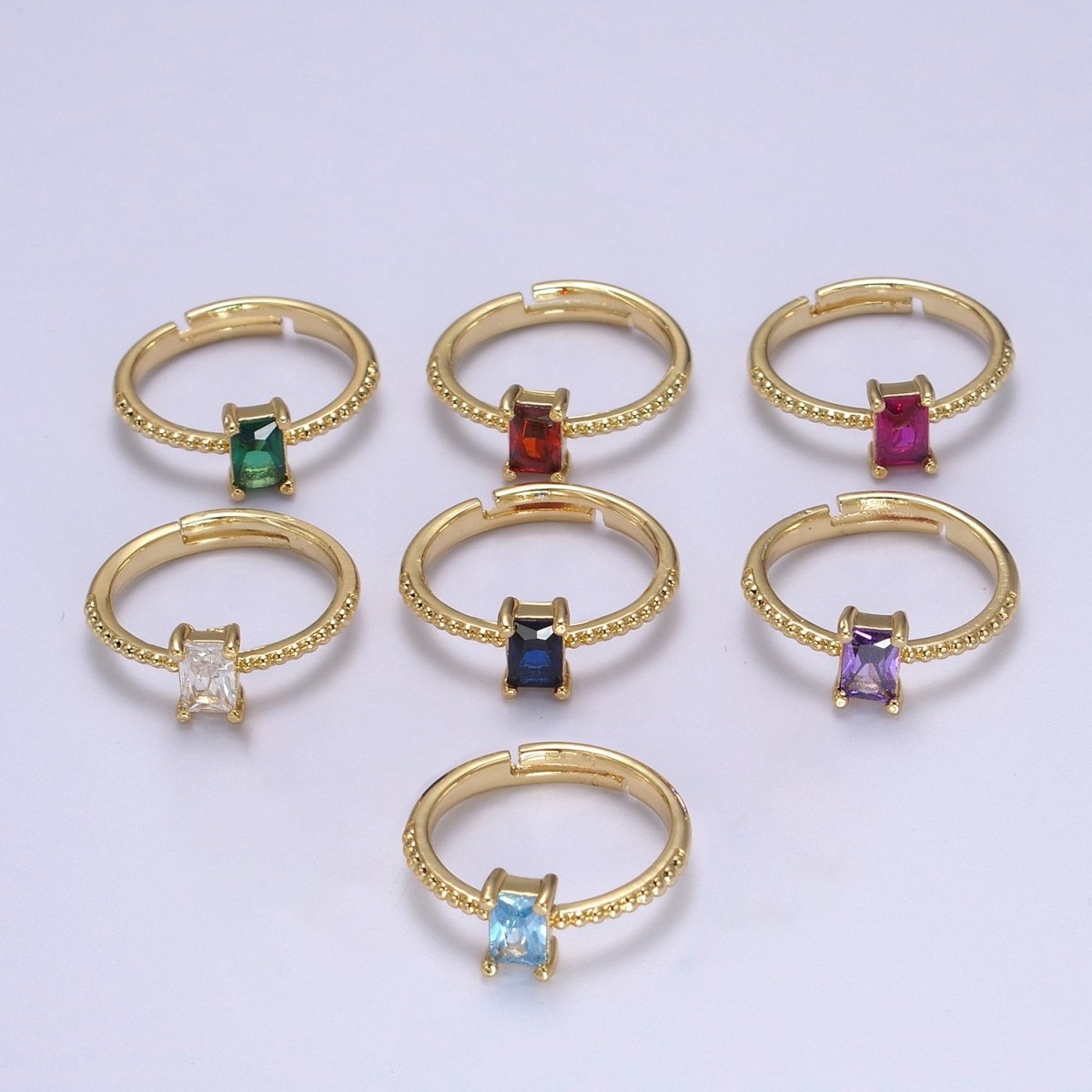 Baguette Crystal Zirconia Dainty 24K Gold Filled Adjustable Solitaire Ring with Beaded Band U-293~U-299 - DLUXCA