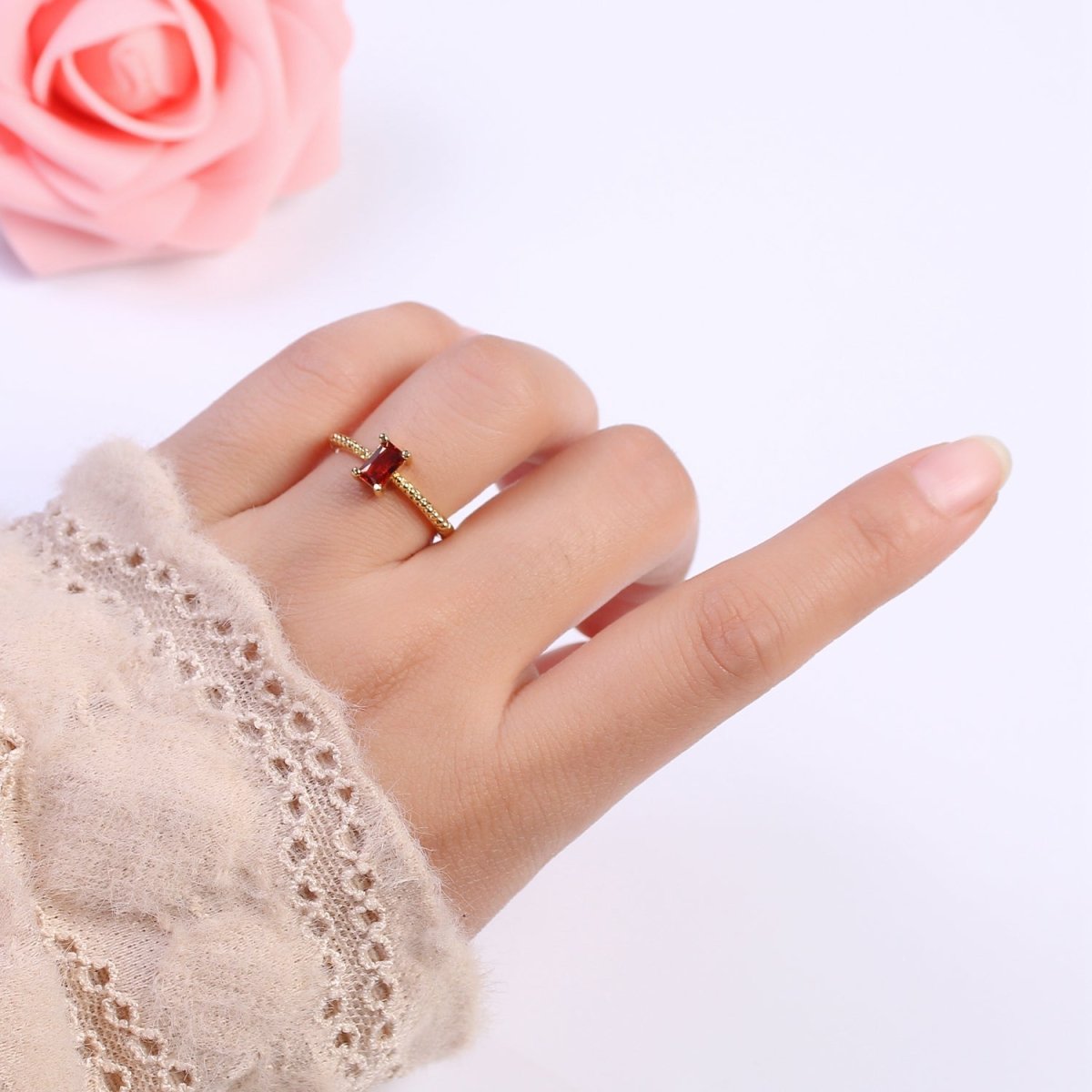 Baguette Crystal Zirconia Dainty 24K Gold Filled Adjustable Solitaire Ring with Beaded Band U-293~U-299 - DLUXCA