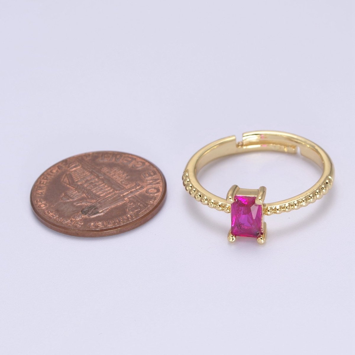 Baguette Crystal Zirconia Dainty 24K Gold Filled Adjustable Solitaire Ring with Beaded Band U-293~U-299 - DLUXCA