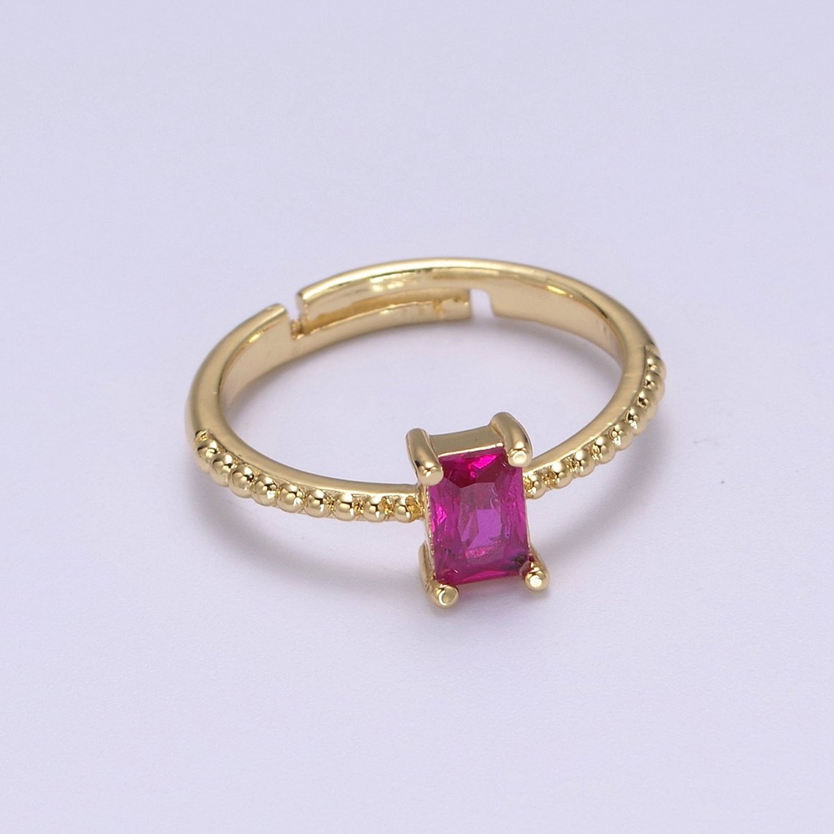 Baguette Crystal Zirconia Dainty 24K Gold Filled Adjustable Solitaire Ring with Beaded Band U-293~U-299 - DLUXCA