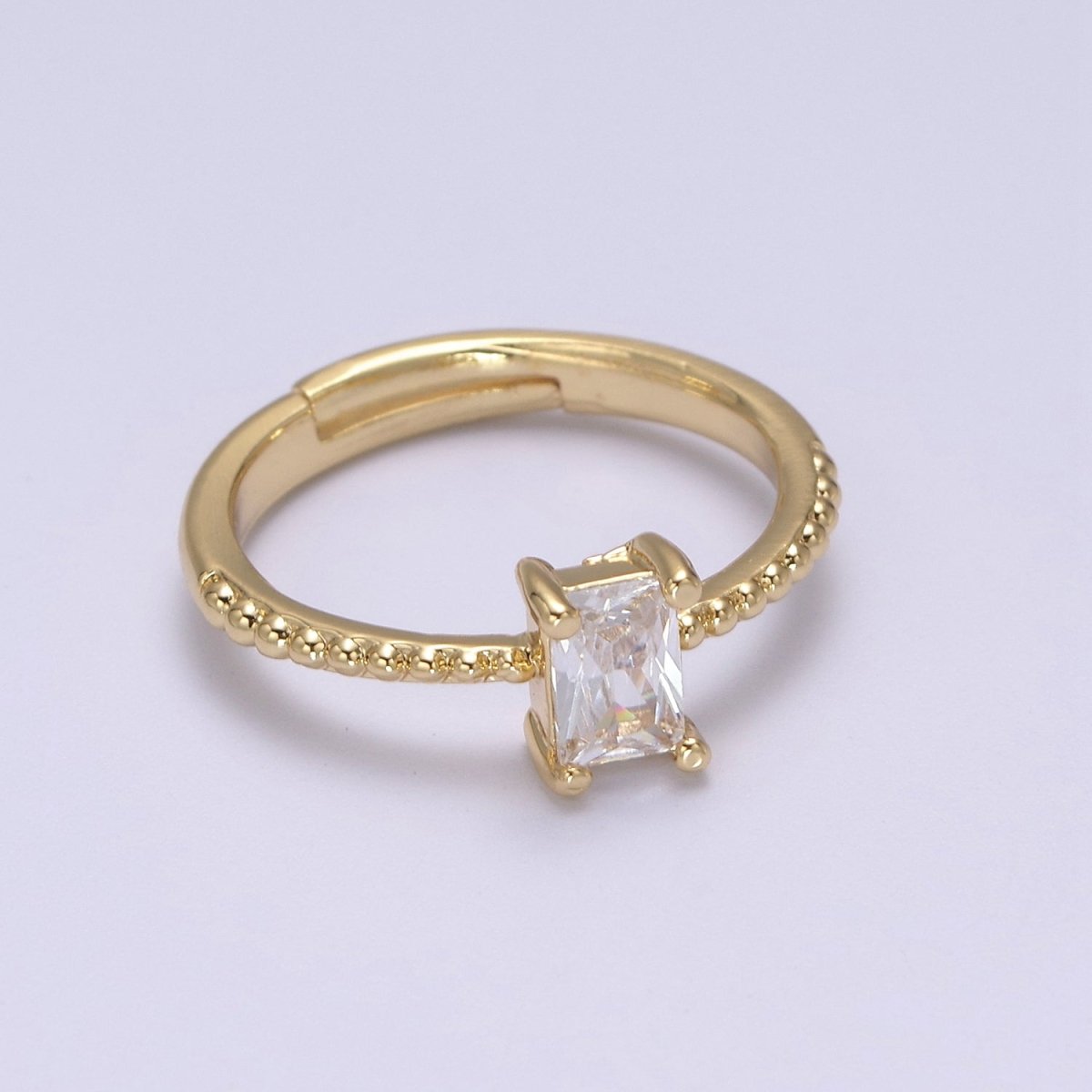 Baguette Crystal Zirconia Dainty 24K Gold Filled Adjustable Solitaire Ring with Beaded Band U-293~U-299 - DLUXCA