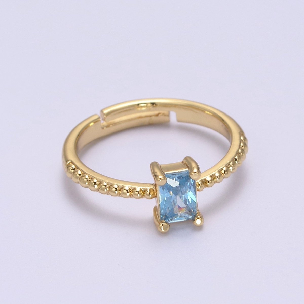 Baguette Crystal Zirconia Dainty 24K Gold Filled Adjustable Solitaire Ring with Beaded Band U-293~U-299 - DLUXCA