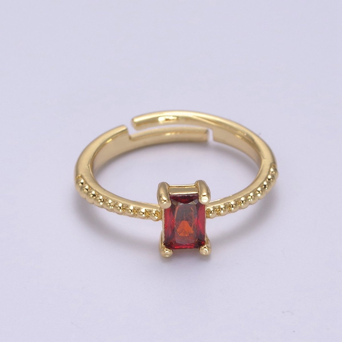 Baguette Crystal Zirconia Dainty 24K Gold Filled Adjustable Solitaire Ring with Beaded Band U-293~U-299 - DLUXCA