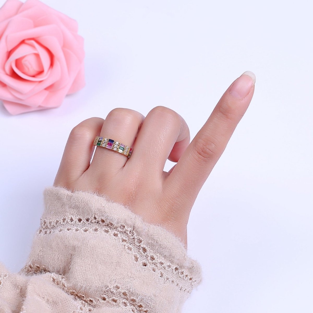 Baguette ring Gold Filled band Stacking ring Rainbow ring Gold Colorful ring Open Adjustable S-474 - DLUXCA
