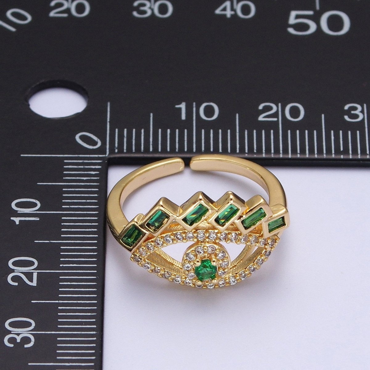 Baguette Ring Green Teal CZ Ring 16K Gold Filled Stackable Trendy Evil Eye Ring Jewelry Open Adjustable Ring R-325 R-499 - DLUXCA