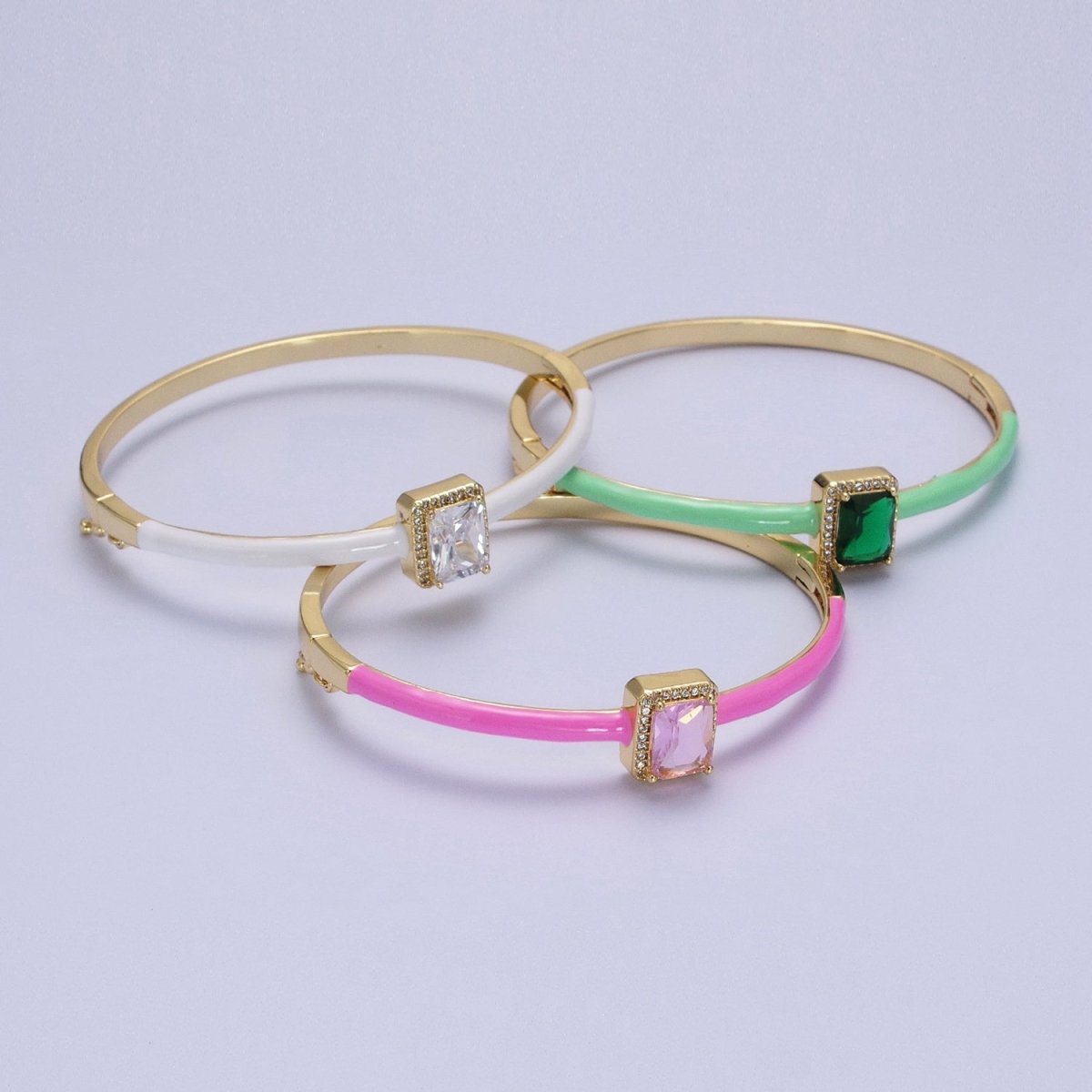 Barbie core Gold Filled Baguette White, Green, Pink Micro Paved Enamel Gold Bangle Bracelet | WA-1354 - WA-1356 Clearance Pricing - DLUXCA
