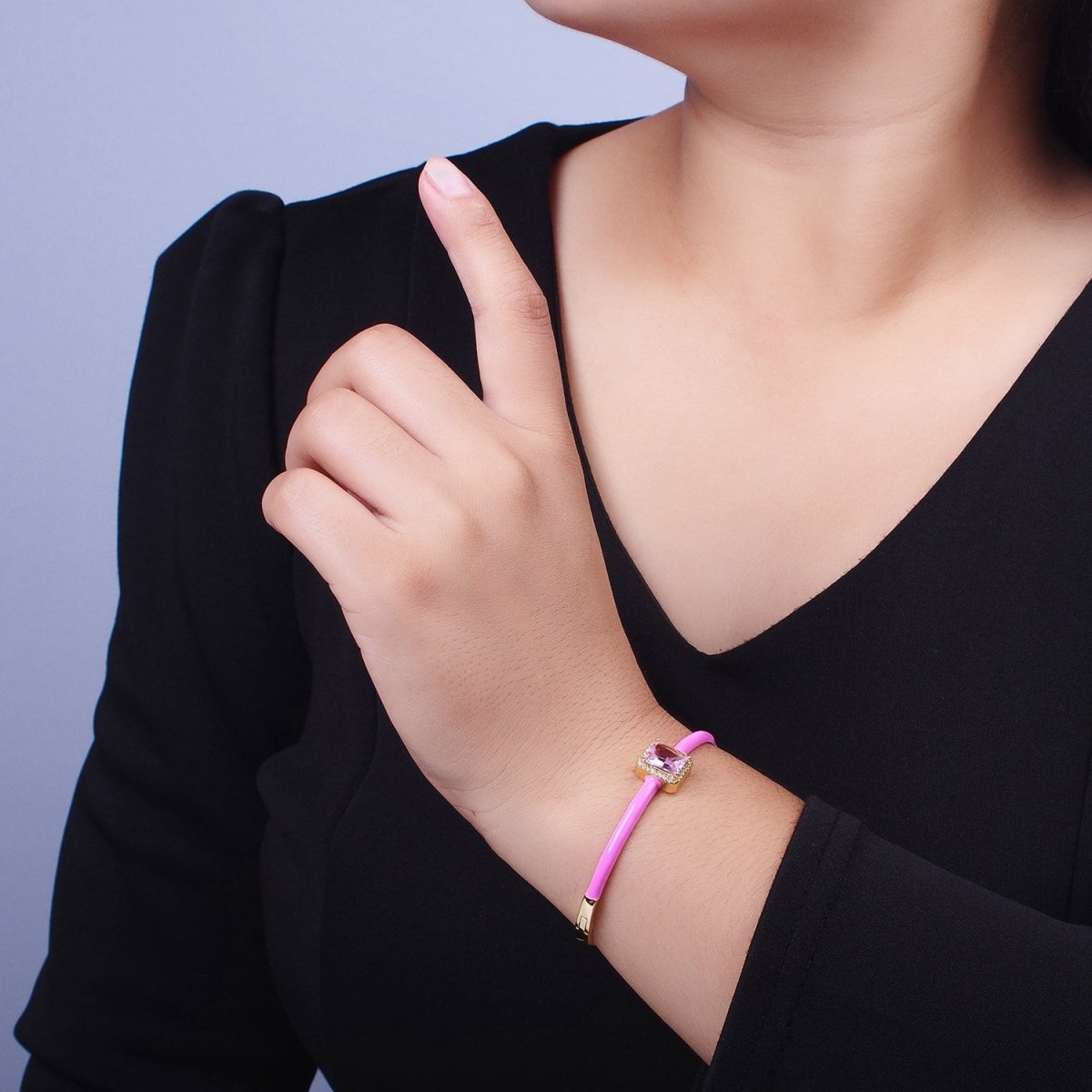 Barbie core Gold Filled Baguette White, Green, Pink Micro Paved Enamel Gold Bangle Bracelet | WA-1354 - WA-1356 Clearance Pricing - DLUXCA