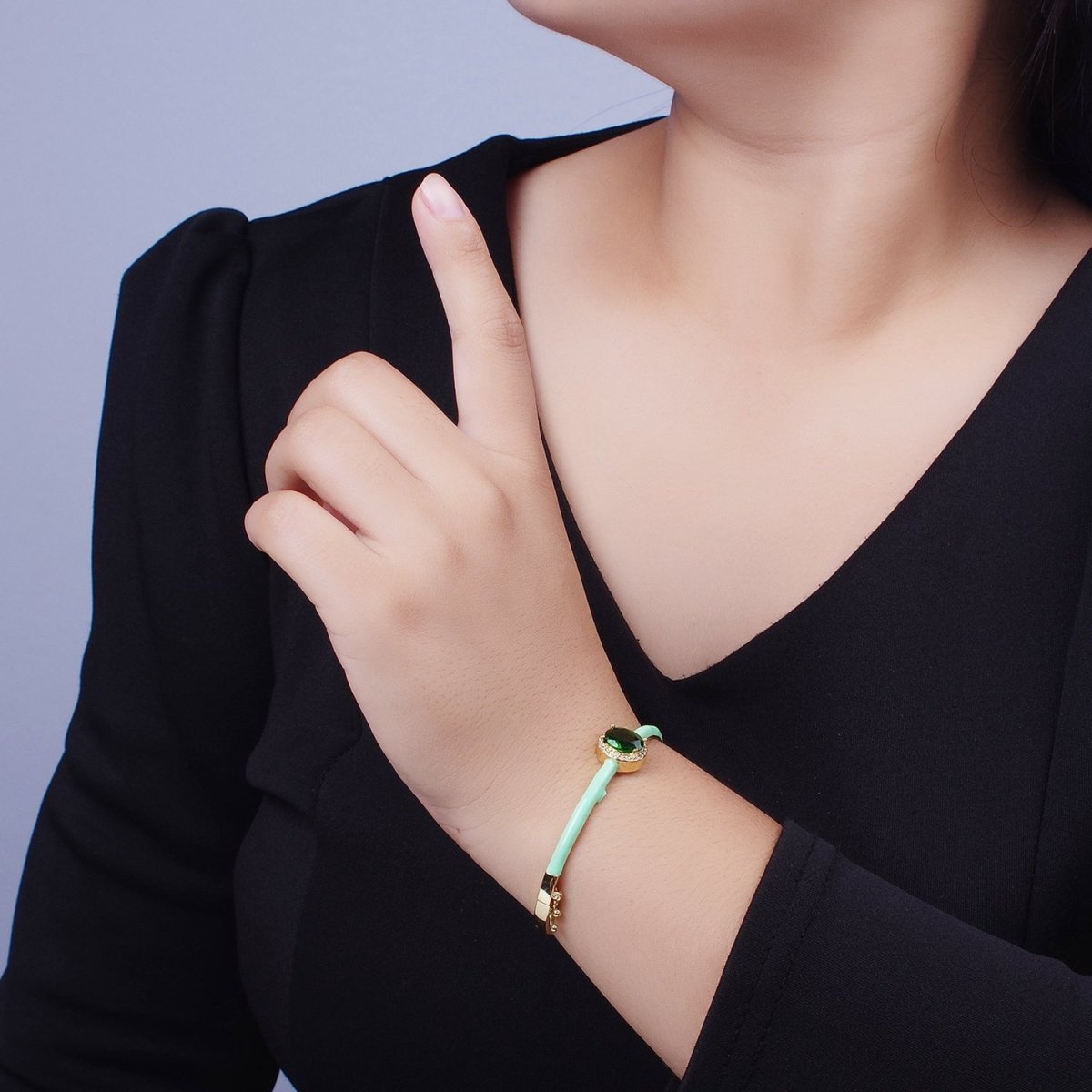 Barbie core Gold Filled Oval White, Green, Pink Micro Paved Enamel Gold Bangle Bracelet | WA-1348 - WA-1350 Clearance Pricing - DLUXCA