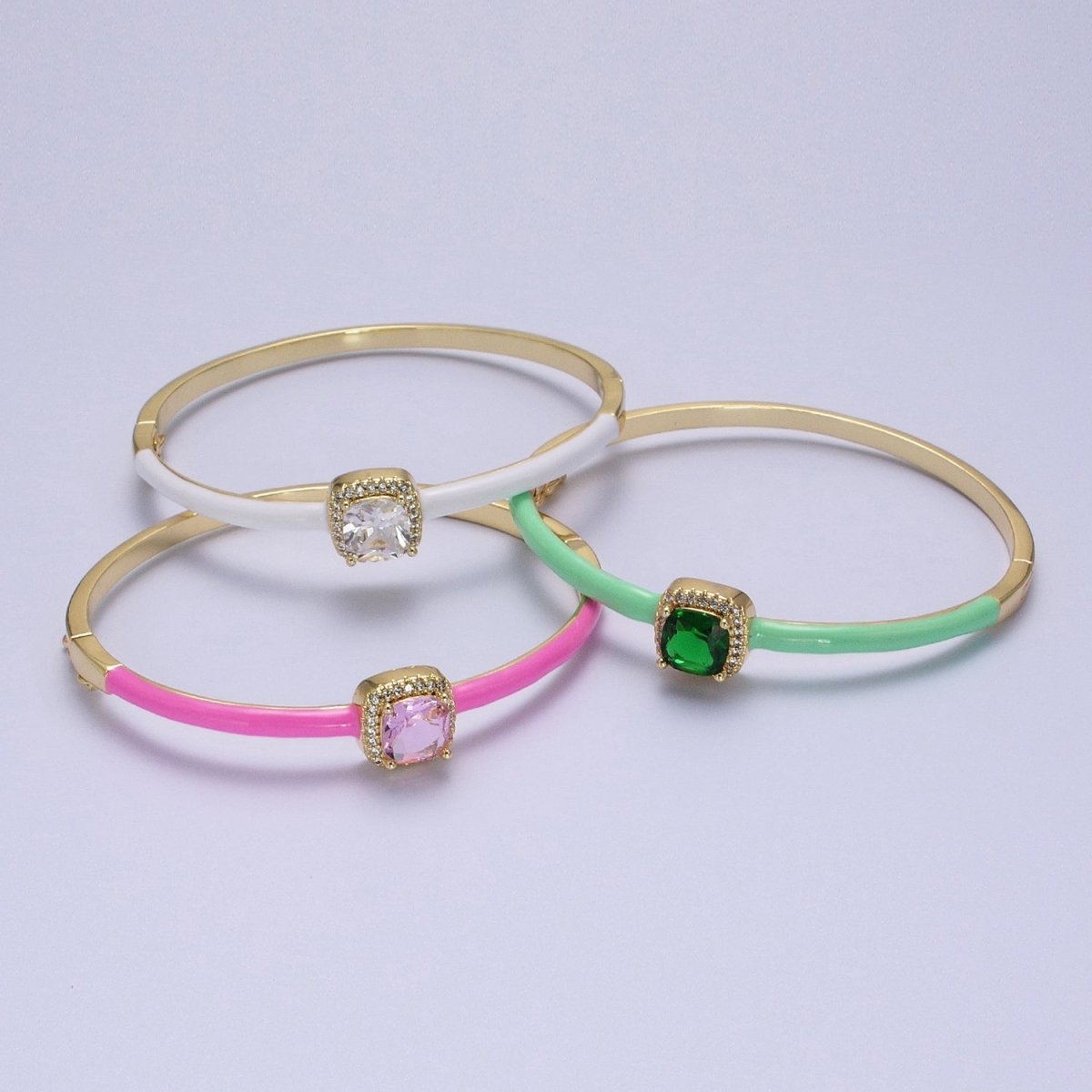 Barbie core Gold Filled Square White, Green, Pink Micro Paved Enamel Gold Bangle Bracelet | WA-1343 - WA-1345 Clearance Pricing - DLUXCA