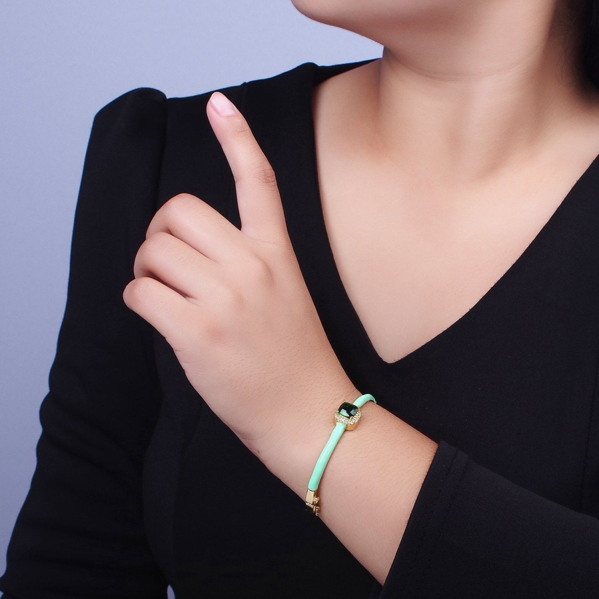 Barbie core Gold Filled Square White, Green, Pink Micro Paved Enamel Gold Bangle Bracelet | WA-1343 - WA-1345 Clearance Pricing - DLUXCA