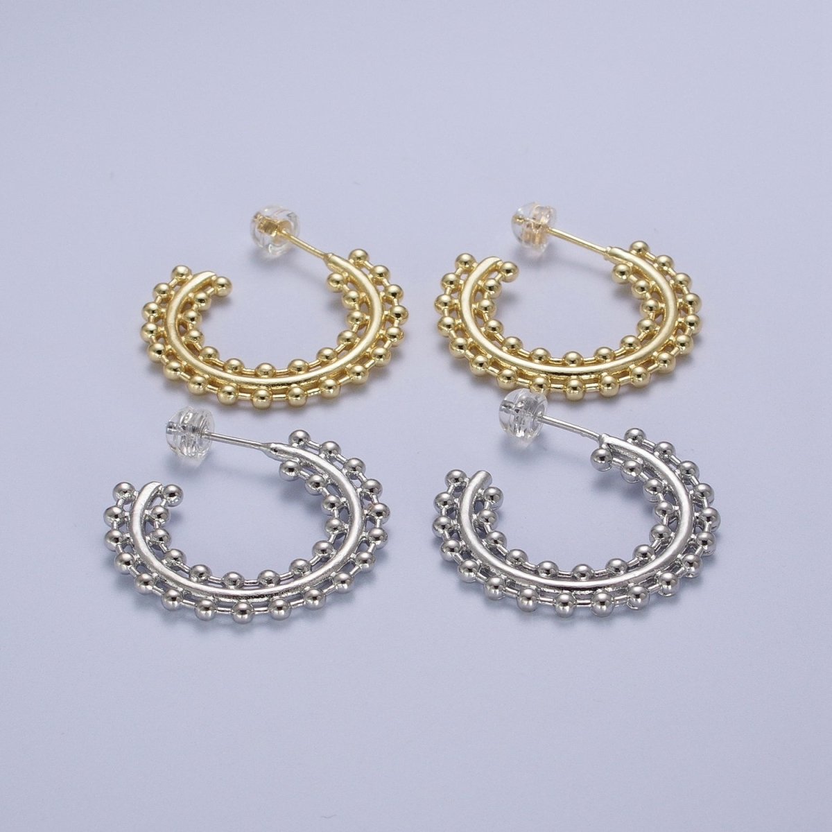 Beaded Bar C Shaped Hoop Stud Statement Earrings in Gold & Silver | Y-027 Y-028 - DLUXCA