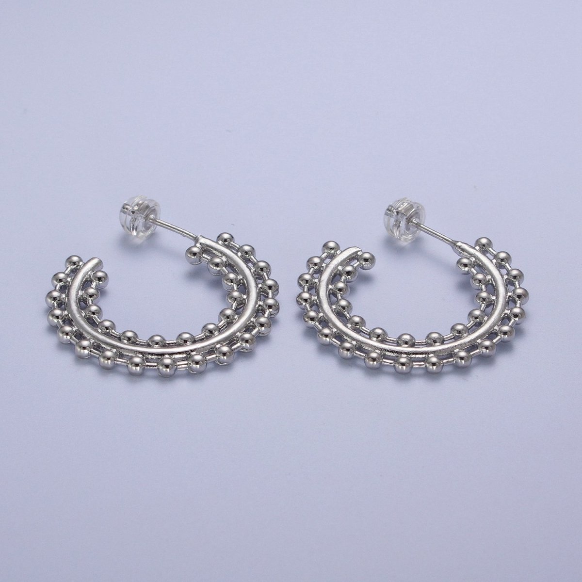 Beaded Bar C Shaped Hoop Stud Statement Earrings in Gold & Silver | Y-027 Y-028 - DLUXCA