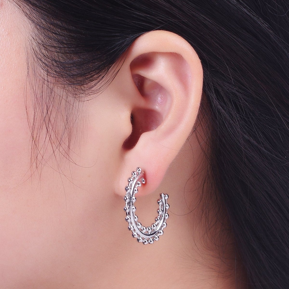 Beaded Bar C Shaped Hoop Stud Statement Earrings in Gold & Silver | Y-027 Y-028 - DLUXCA