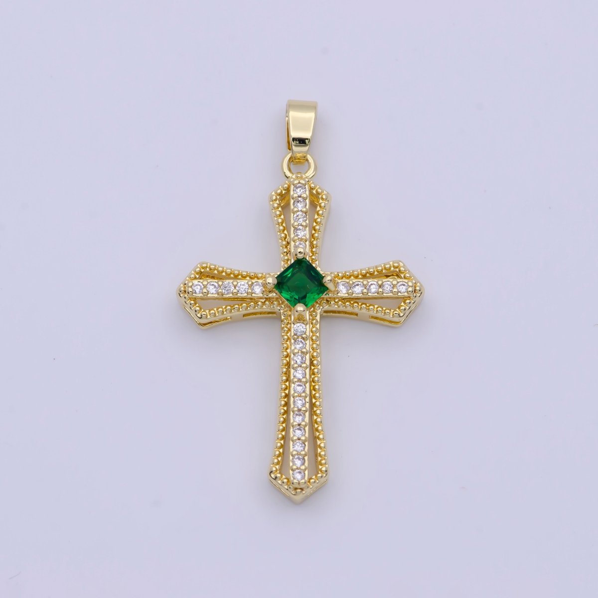Beaded Micro Paved Rhombus CZ Clear, Pink, Green Religious Cross Pendant | X-494-X-496 - DLUXCA