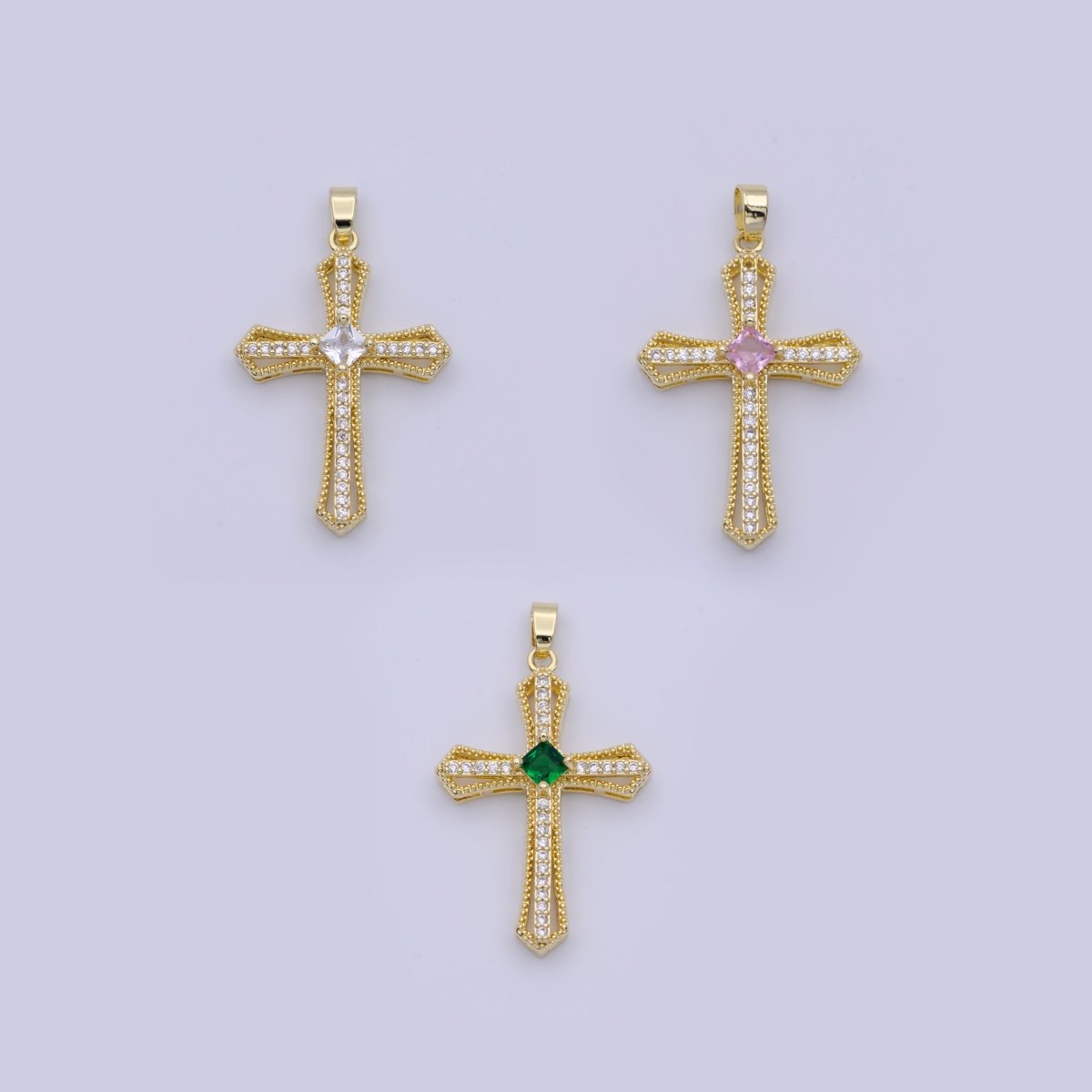 Beaded Micro Paved Rhombus CZ Clear, Pink, Green Religious Cross Pendant | X-494-X-496 - DLUXCA