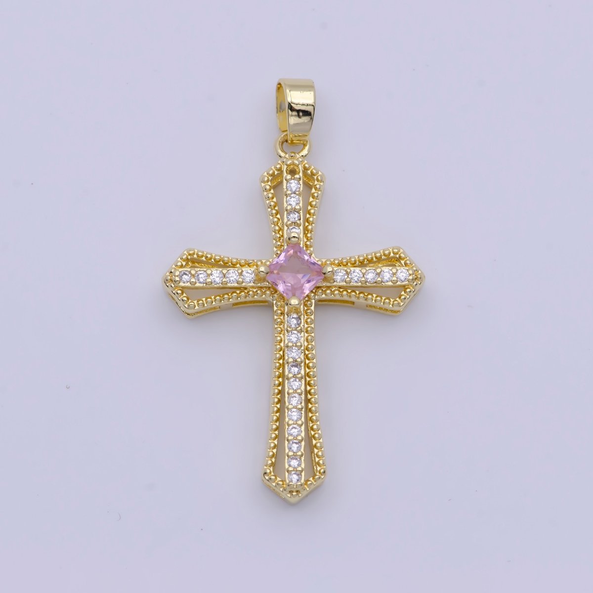 Beaded Micro Paved Rhombus CZ Clear, Pink, Green Religious Cross Pendant | X-494-X-496 - DLUXCA