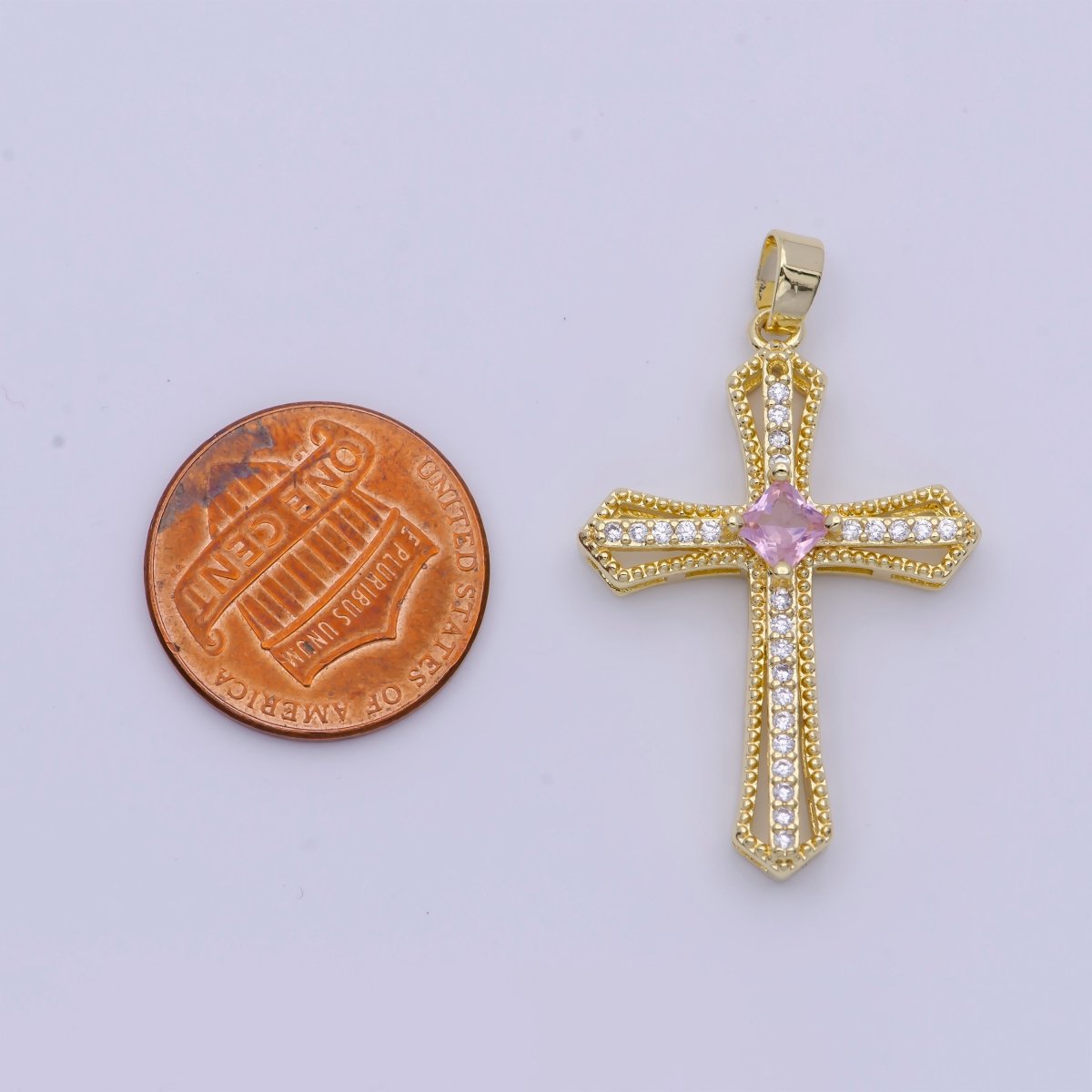 Beaded Micro Paved Rhombus CZ Clear, Pink, Green Religious Cross Pendant | X-494-X-496 - DLUXCA