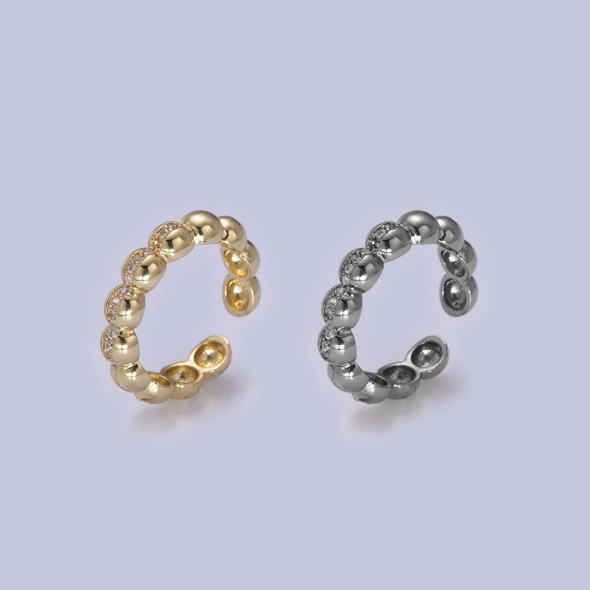 Beaded Textured 24K Gold Filled Ring, Micro Pave CZ Open Adjustable Ring in Silver & Gold | U-444 U-445 - DLUXCA