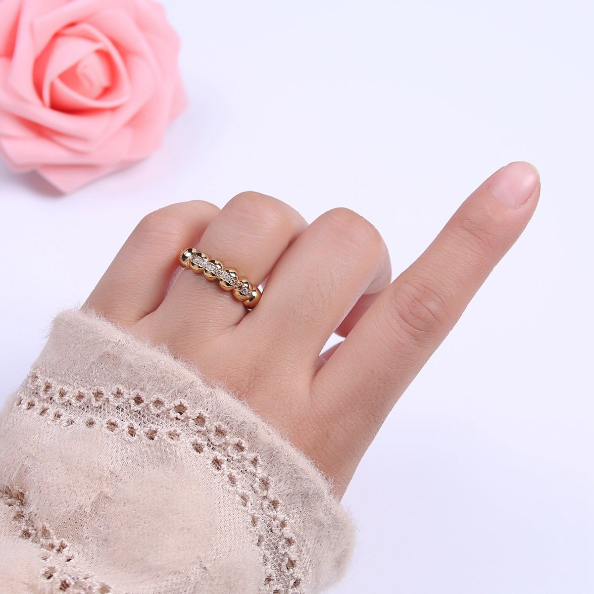 Beaded Textured 24K Gold Filled Ring, Micro Pave CZ Open Adjustable Ring in Silver & Gold | U-444 U-445 - DLUXCA