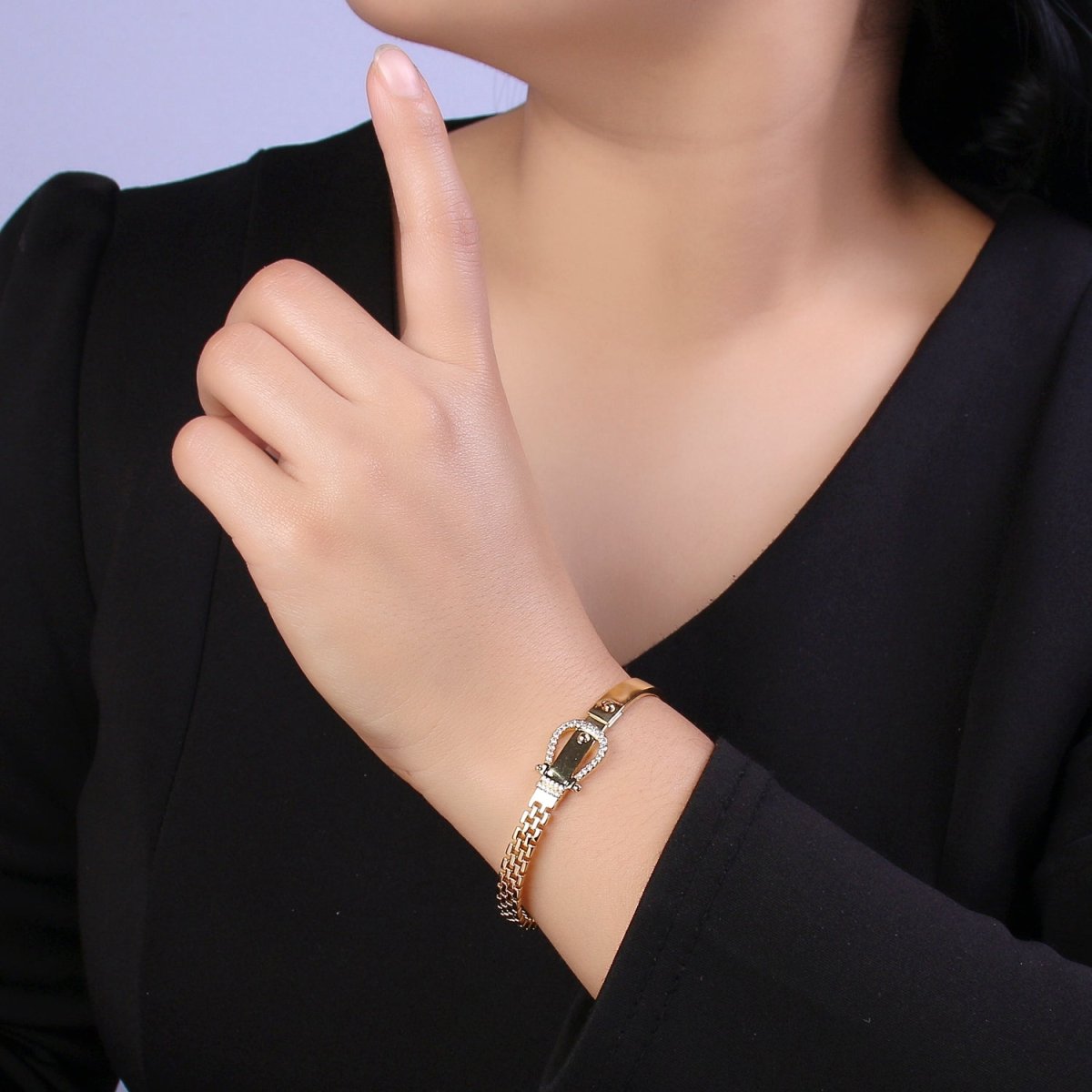Belt Buckle Bracelet Crystal Belt Bangle Gold Band Cubic Zirconia Stackable Jewelry Fashion Women's | WA-689 WA-690 Clearance Pricing - DLUXCA